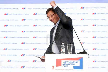 Photo for SERBIA, BELGRADE - April 24, 2016: Prime Minister of Serbia Aleksandar Vucic speaks after winning the parliamentary elections in Serbia at the headquarters of the Serbian Progressive Party, Belgrade - Royalty Free Image