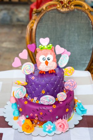 Téléchargez les photos : Gâteau pour enfants avec forme de hibou sur le côté - en image libre de droit