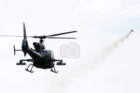 Photo for NIKINCE - MAY 09: Military transport helicopter Mi 17-V5 ( Mi 8) on "Steel 2017- Celebration of the Serbian Army, Victory Day and Europe Day". On May 09.2017 in Nikince, Serbia - Royalty Free Image