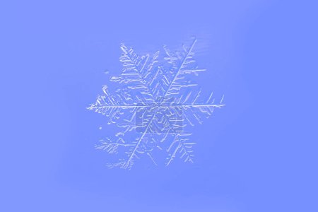 Foto de Copo de nieve sobre fondo degradado azul brillante. Esta es la foto macro de cristal de nieve real de tamaño medio - Imagen libre de derechos
