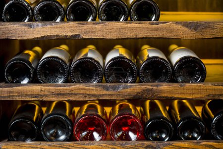 Téléchargez les photos : Bouteilles de vin sur étagères en bois - en image libre de droit