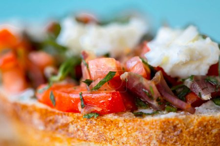 Foto de Bruschetta con tomates asados, mozzarella, queso y hierbas - Imagen libre de derechos