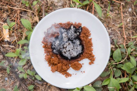 Téléchargez les photos : Café chaud en poudre sur assiette dans la nature - en image libre de droit