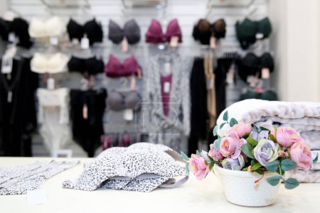 Téléchargez les photos : Sous-vêtements pour femmes sur cintres dans le magasin de vêtements - en image libre de droit