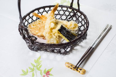 Photo for Japanese food. Delicious tempura (Shrim, Sea Bass, Eggplant, Sweet Patoto) - Royalty Free Image