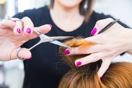 Téléchargez les photos : Coiffeur couper les cheveux au client - en image libre de droit