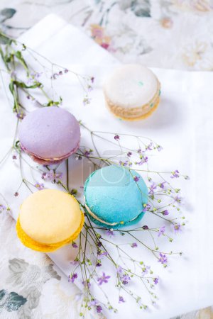 Téléchargez les photos : Macarons français colorés avec des fleurs - en image libre de droit