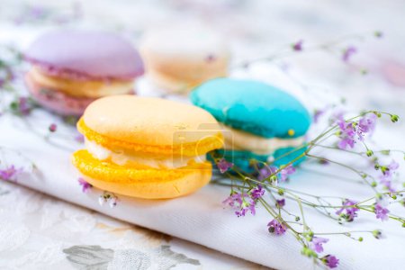 Photo for Colorful French Macaroons with flowers - Royalty Free Image