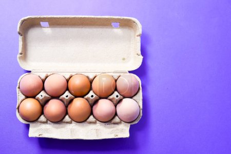 Foto de Huevos en una caja sobre un fondo violeta - Imagen libre de derechos