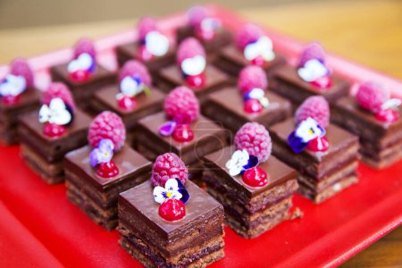 Photo for Small chocolate cakes with raspberries and edible flowers - Royalty Free Image
