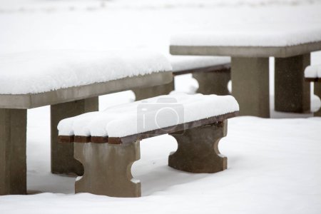 Téléchargez les photos : Bancs et tables de parc sous la neige nouvelle - en image libre de droit