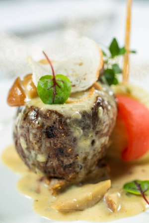 Photo for Steak with vegetables and mushroom sauce - Royalty Free Image