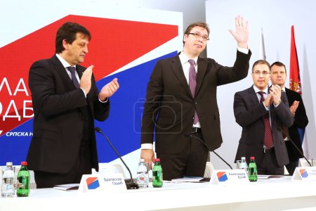 Photo for BELGRADE, SERBIA - JANUARY 2016: Serbian prime minister Aleksandar Vucic on the main board Serbian Progressive Party in which they decided to go to the election in Serbia, January 2016 in Belgrade - Royalty Free Image