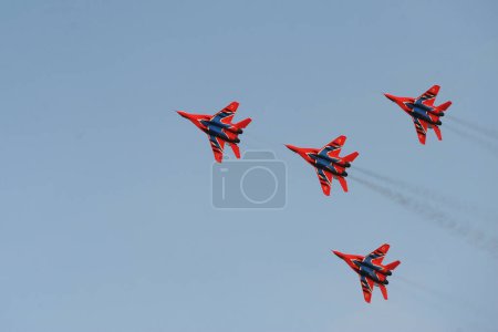 Photo for SERBIA ,BELGRADE - October 2014: Russian Aerobatic team Swifts MiG-29 takes off into the sky to show aerobatics October, 2014, Belgrade , Serbia - Royalty Free Image