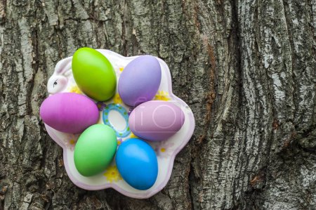 Téléchargez les photos : Oeufs de Pâques sur fond en bois - en image libre de droit