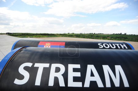 Photo for Sajkas, Serbija - June 15, 2014: South Stream is a planned gas pipeline to transport Russian natural gas through the Black Sea to Europe. - Royalty Free Image