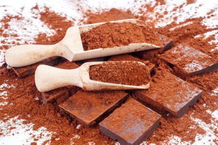 Téléchargez les photos : Morceaux de chocolat noir et poudre de cacao - en image libre de droit