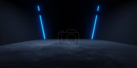 Foto de 3d rendering of blue neon glowing spaceship corridor hallway dark background. Scene for advertising, showroom, technology, future, modern, sport, game, metaverse. Sci Fi Illustration. Product display - Imagen libre de derechos