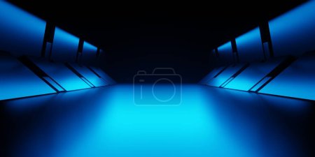 Foto de 3d representación de neón azul brillante nave espacial pasillo pasillo fondo. Escena para publicidad, tecnología, showroom, banner, juego, deporte, negocio, metaverse. Ilustración de ciencia ficción. Exhibición del producto - Imagen libre de derechos
