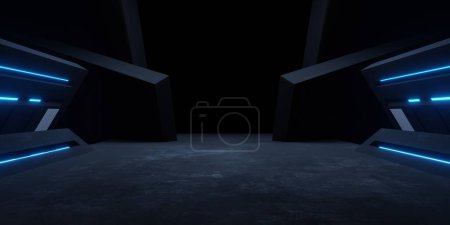 Foto de Representación 3d de un corredor futurista de la nave espacial con un fondo oscuro resplandor azul neón. Escena para publicidad, showroom, tecnología, moderno, juego, metaverse. Ilustración de ciencia ficción. Pantallas de productos - Imagen libre de derechos