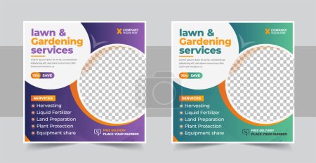 Illustration for Lawn Mower Garden or Landscaping Service Social Media Post and Web Banner Template. Agro post design, mowing poster, leaflet, poster design, grass, equipment. Agro farm service social media banner. Agricultural service banner - Royalty Free Image