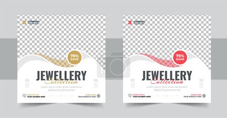 Illustration for Jewelry social media post, web banner or square flyer design template. Fashion accessories and gold jewelry sale template for social media promotion. Ornament business social media post design - Royalty Free Image