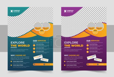 Illustration for Travel Vacation Tour Agency Flyer Template Design. Holiday, Summer travel and tourism flyer or poster template design. Business Brochure, Template or Flyer design for Tour and Travel Business concept. - Royalty Free Image