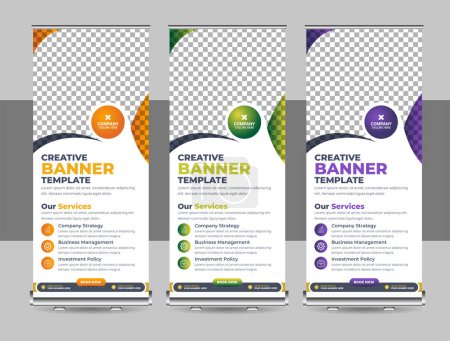 Illustration for Banner roll-up design, business concept. Graphic template roll-up for exhibitions, banner for seminar, layout for placement of photos. Universal stand for conference, promo banner vector background - Royalty Free Image