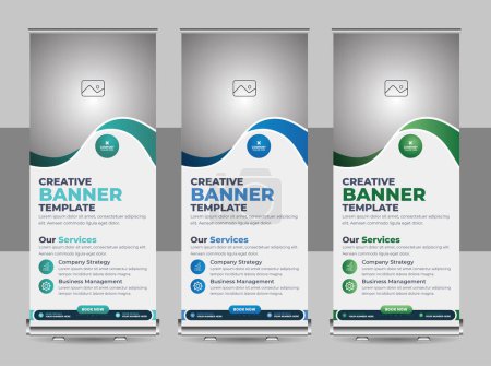 Illustration for Banner roll-up design, business concept. Graphic template roll-up for exhibitions, banner for seminar, layout for placement of photos. Universal stand for conference, promo banner vector background - Royalty Free Image