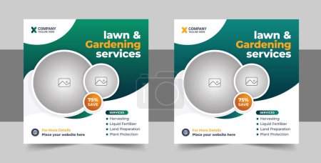 Illustration for Lawn care and Gardening service social media post template design, Gardening and Landscaping service social media post layout, Agro farm services social media post or web banner template - Royalty Free Image