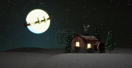 Merry Chrismas and Happy New Year with Santa and his reindeer on full moon background and snowy town.3D rendering