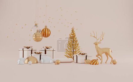 Téléchargez les photos : Joyeux Noël et bonne année bannière avec boîte cadeau et cadeaux de décoration background.3D rendu - en image libre de droit