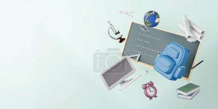 Photo for Back to school.blue backpack with books and school stuff on green background 3D Rendering. - Royalty Free Image