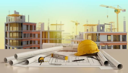 Photo for Blueprints with equipment architect and construction of building  background.3D rendering - Royalty Free Image