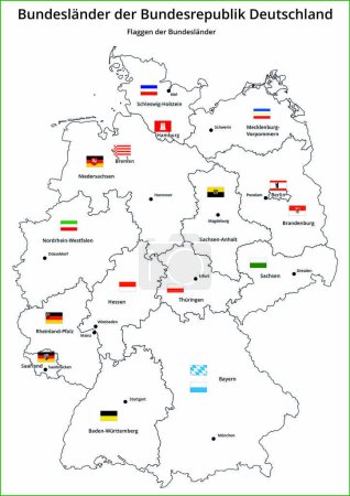 Téléchargez les illustrations : États fédéraux d'Allemagne avec leurs capitales et leurs drapeaux - en licence libre de droit