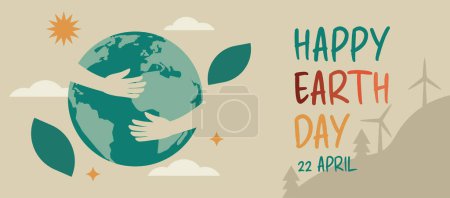 Illustration for Happy earth day concept, human hands hug planet globe for environment care, save the world banner background, vector flat illustration - Royalty Free Image