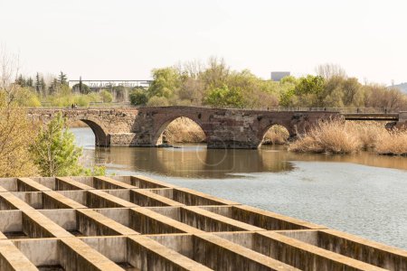 Foto de Vista del río Tajo y el puente viejo en Talavera de la Reina, Toledo, España; estructura en la orilla - Imagen libre de derechos