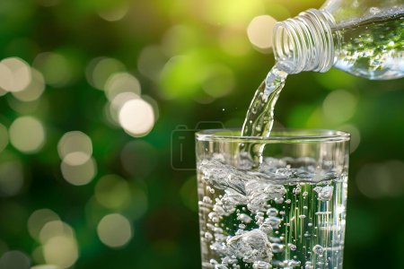 Téléchargez les photos : L'eau claire cascade dans un verre, créant des bulles vives, avec une toile de fond de verdure luxuriante accentuant la fraîcheur naturelle. - en image libre de droit
