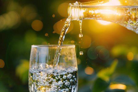 Téléchargez les photos : L'eau claire cascade dans un verre, créant des bulles vives, avec une toile de fond de verdure luxuriante accentuant la fraîcheur naturelle. - en image libre de droit