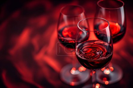 Foto de Tres copas de vino de cristal llenas de vino tinto, capturando la luz y creando un ambiente sofisticado y acogedor. - Imagen libre de derechos