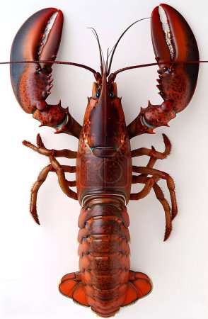 Image haute résolution d'un homard unique, présentant une texture et des couleurs détaillées, prise d'en haut sur fond blanc.