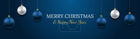 Photo for Merry Christmas and Happy New Year vector banner. Realistic rose gold and blue baubles, snowflakes hanging on dark blue background. Vector illustration concept - Royalty Free Image