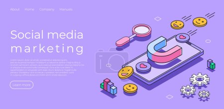 Social media marketing landing page website template. Digital marketing. Social media marketing, promotion and advertising corporate website design. Vector isometric illustration background