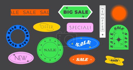 Illustration for Cool trendy sale stickers for business. Different business sticker. Geometric elements for store sale, online promotion or social media post. Y2K style. Vector illustration set - Royalty Free Image