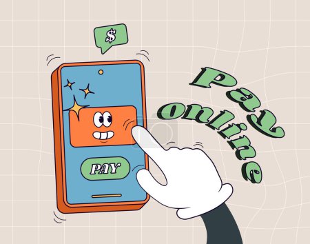 Photo for Pay by credit card via electronic wallet wirelessly on phone. Hand with smartphone online banking. nline shopping spending. Old cartoon style cute credit card - Royalty Free Image