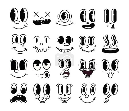 Illustration for Retro 30s cartoon mascot characters funny faces. 50s, 60s old animation eyes and mouths elements. Vintage comic smile for logo vector set. Smiley caricatures with happy and cheerful emotions - Royalty Free Image