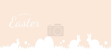 Téléchargez les illustrations : Joyeux fond de Pâques. Design tendance de Pâques avec typographie, œufs, oreilles de lapin, dans des couleurs pastel. Style minimaliste moderne. Affiche horizontale, carte de vœux, en-tête pour site web - en licence libre de droit