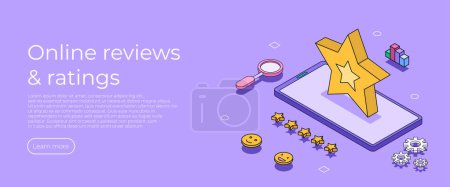 Illustration for Online revuews concept. Giving Five Star Feedback. Choosing Satisfaction Rating. Customer Service and User Experience Concept. Flat Isometric Vector Illustration. - Royalty Free Image