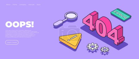 Photo for 404 isometric page. Landing page template with 404 error. No internet connection. Concept of technical error, page not found, online service notification - Royalty Free Image