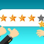 Customer review give a five star in bubble box. Positive feedback concept. Vector illustration.